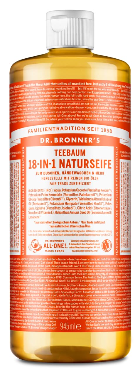 Dr. Bronner\'s 18-in-1 Natural Soap | Organic Liquid Soap | Tea Tree | With Organic Tea Tree Essential Oil | Shower Gel, Hand Soap, Shampoo and Much More | With Organic Coconut, Olive and Jojoba Oil |