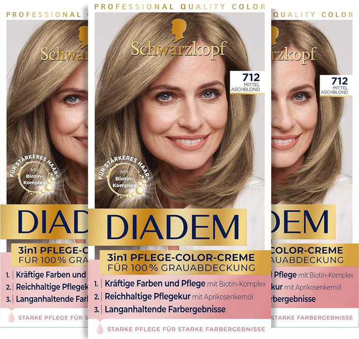 Schwarzkopf Diadem 3-in-1 Care Color Cream 712 Medium Ash Blonde (3 x 170 ml), Permanent Hair Color, Hair Care Formula for Healthy-Looking Results, 100% Gray Coverage