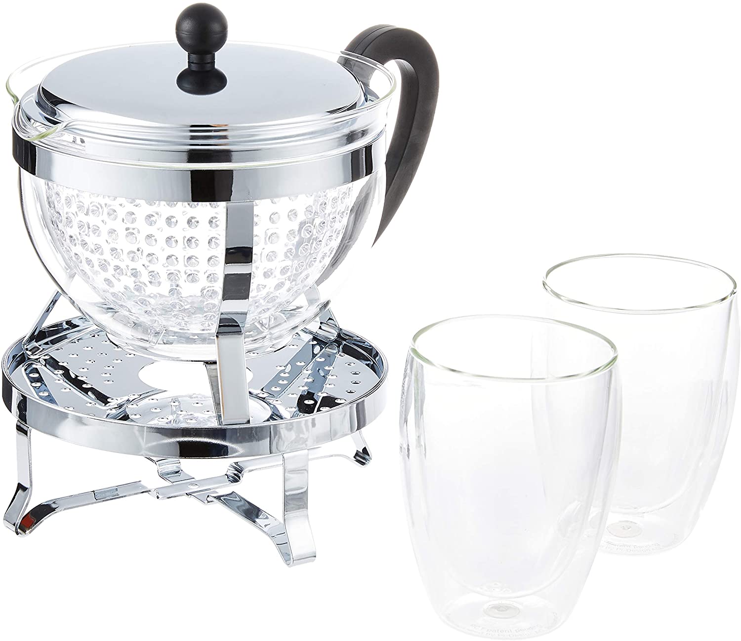 Bodum K11143 16 1 Chambord Tea Set with Rechaud 1.5 L and 2 pack of Double Wall Glasses Pavina 0.35 Litre Tea Maker with Layered – 16.8 x 23.1 x 22.3 cm