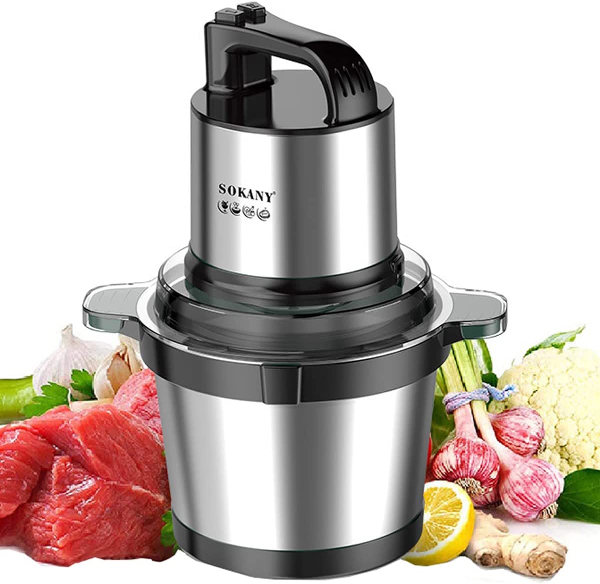 SOKANY 800 W Electric Kitchen Chopper with 4 L Stainless Steel Bowl, Multi Chopper with 2 Speed Levels, Meat Grinder with 4 Blades for Meat, Onions, Fruit, Vegetables