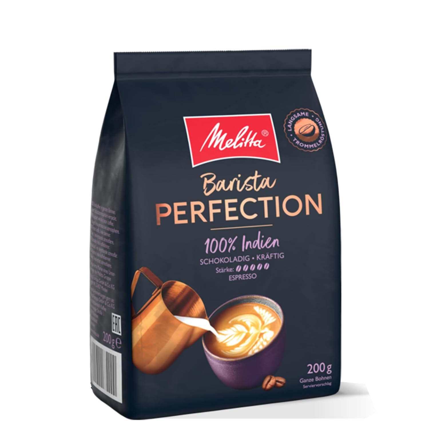 Melitta Barista Perfection Sample Size, 100% India, Whole Coffee Beans 200g, Unground, Single Origin Coffee, Arabica Robusta Blend, Slow Drum Roasting, Espresso, Strength 5