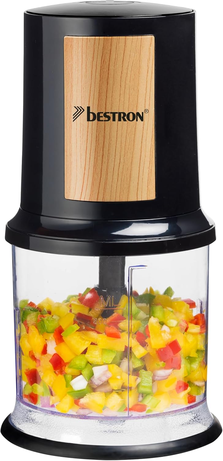 Bestron Electric Multi Chopper, Universal Chopper with Two Cutting Blades & 500 ml Capacity, Large Pulse Button, 400 Watt, Black & Wood Collection, Colour: Black/Wood