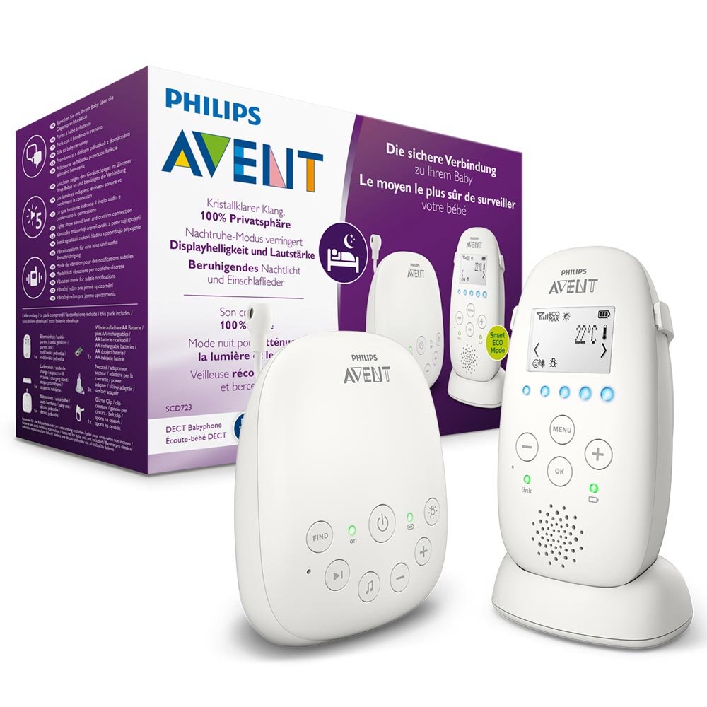 Philips Avent SCD723/26 Audio Baby Monitor, DECT Technology, Eco Mode, 18 Hours Running Time, Intercom Function