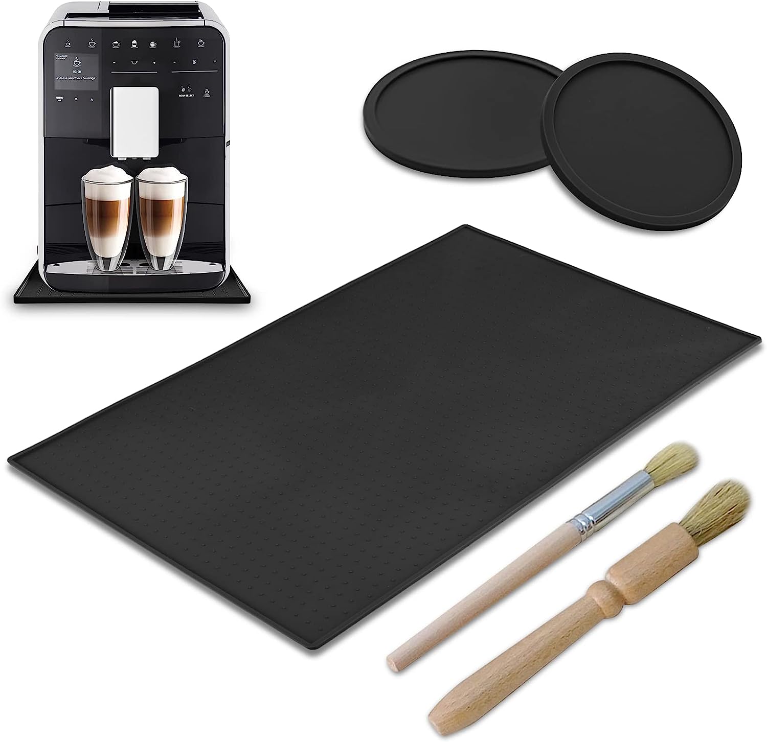 Underlay for coffee machine - 48 x 30 cm black mat for coffee machine non -slip underlay, fully automatic coffee machine silicone mat with 2 x silicone coasters and 2 x Brushes - to protect table top
