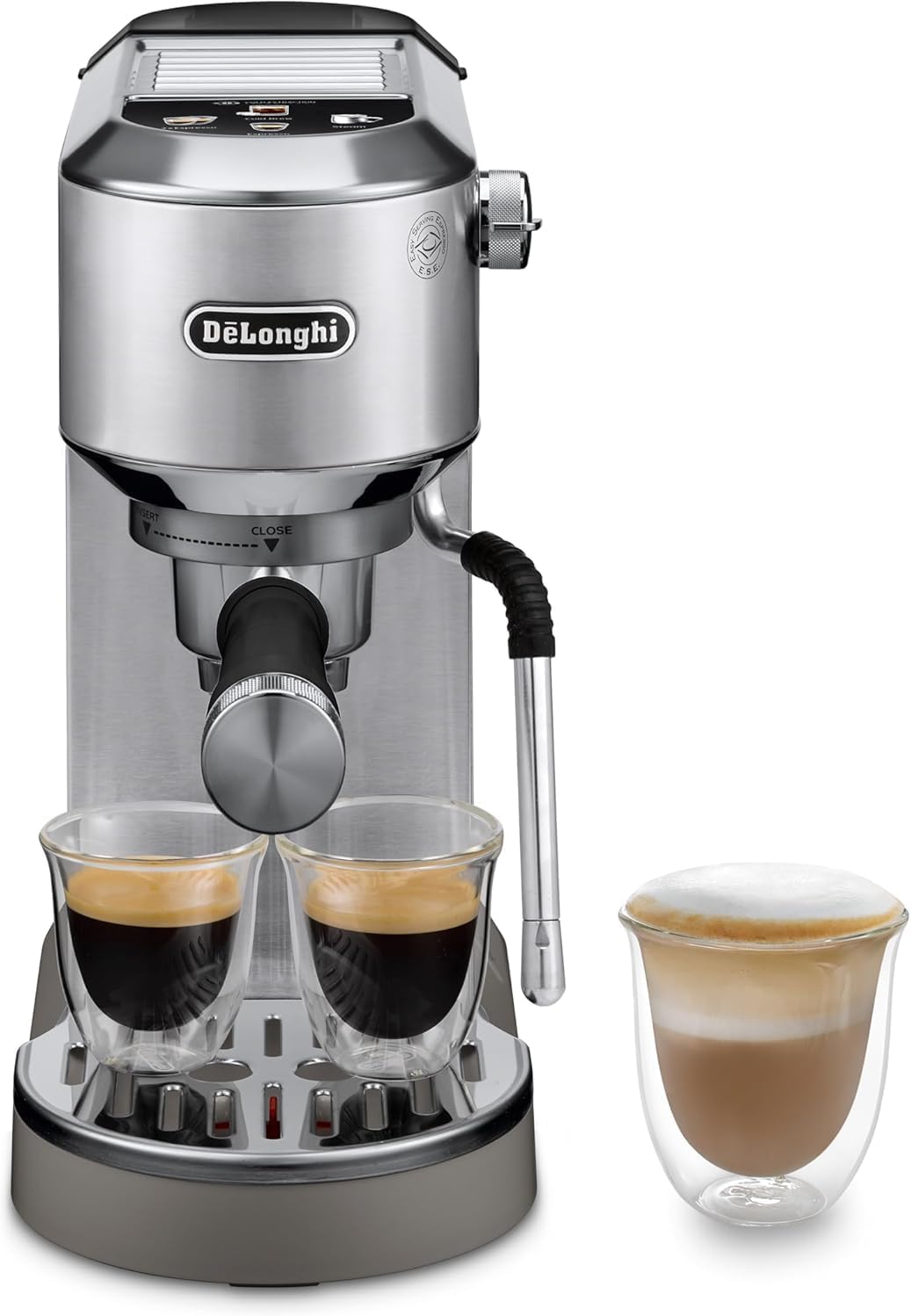 De\'Longhi Dedica Duo EC890.M Portafilter Machine, Espresso & Cold Brew, 15 Bar, Espresso Machine with Professional Milk Frother, 15 cm Wide, TouchButtons, 1.1 L Water Tank, Cups (13 cm), Metal