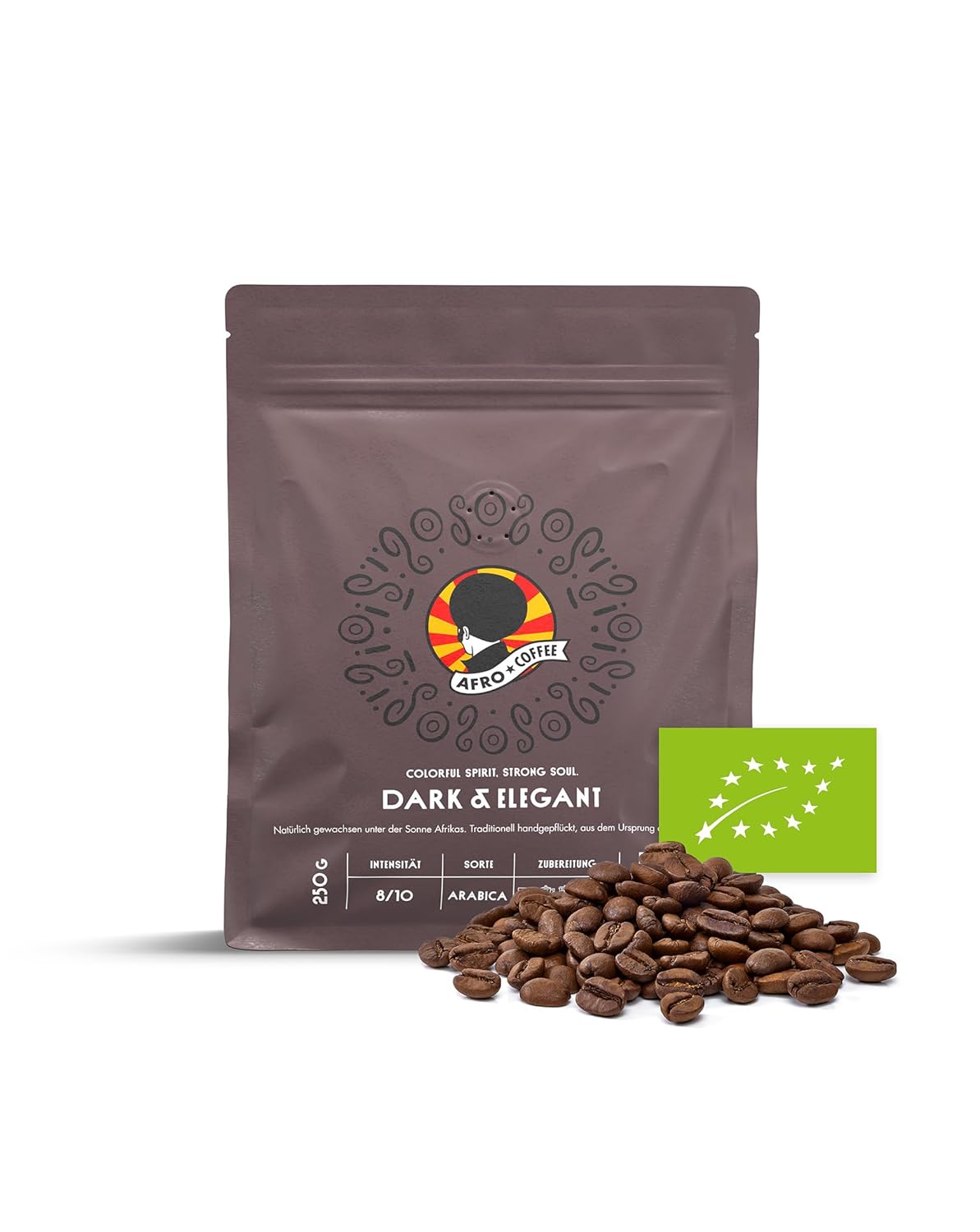 AFRO COFFEE Dark & ​​Elegant I 250 g Premium Organic Coffee Beans Fairtrade I 100% Arabica Coffee Beans I Bean Coffee from Ethiopia with Notes of Bitter Chocolate I Hand Picked, Dark Roasted, Low Acid