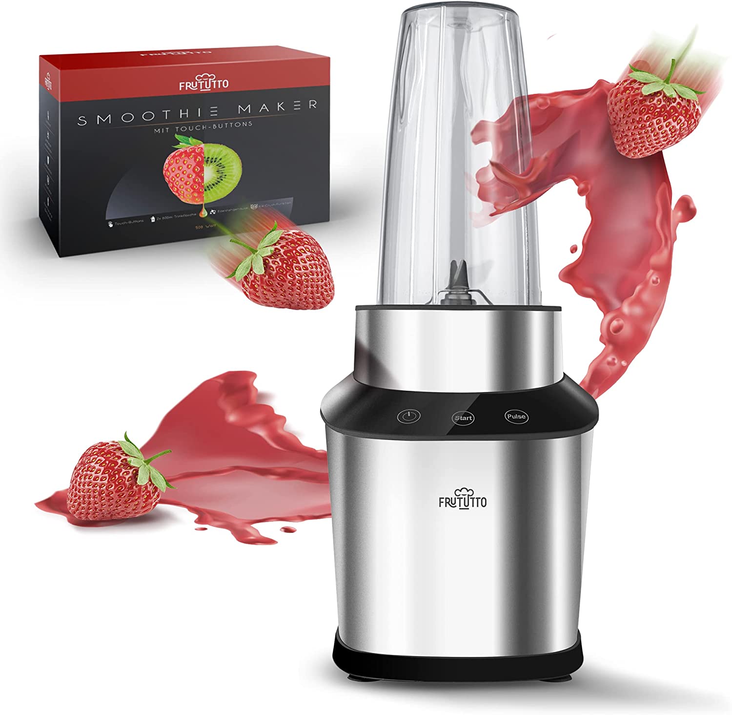 FRUTUTTO Smoothie Maker - Stand Mixer to Go - 2 x 800 ml Mixing Containers / Drinking Bottles - Lid with Carry Handle - Ultra Strong Stainless Steel Knife - Ice-Crush Function and Touch Operation - 500 Watt Blender Mixer