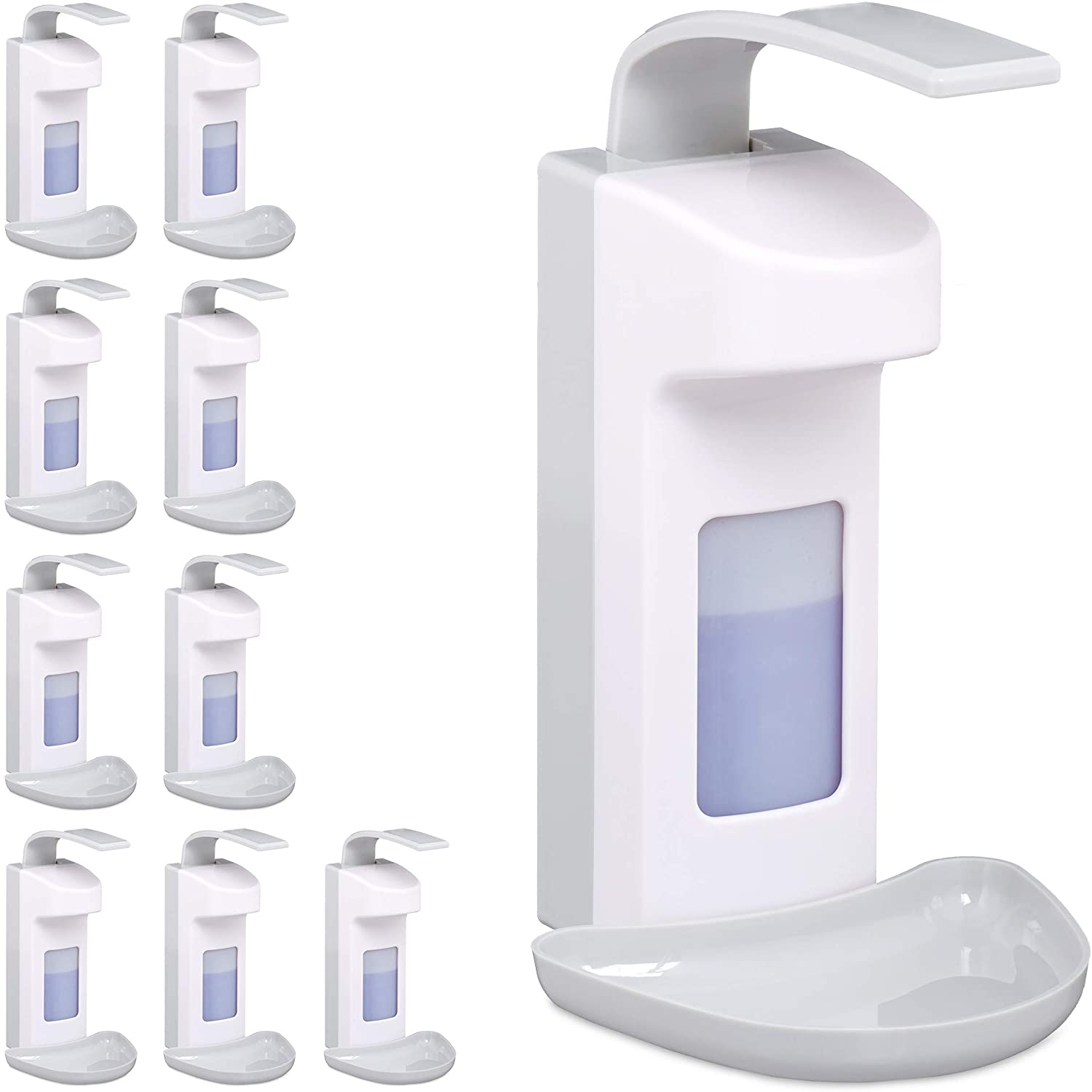 Relaxdays 10 x Disinfectant Dispenser with Drip Tray Hygiene Wall Dispenser Hand Disinfectant Arm Lever Dispenser for 500 ml White