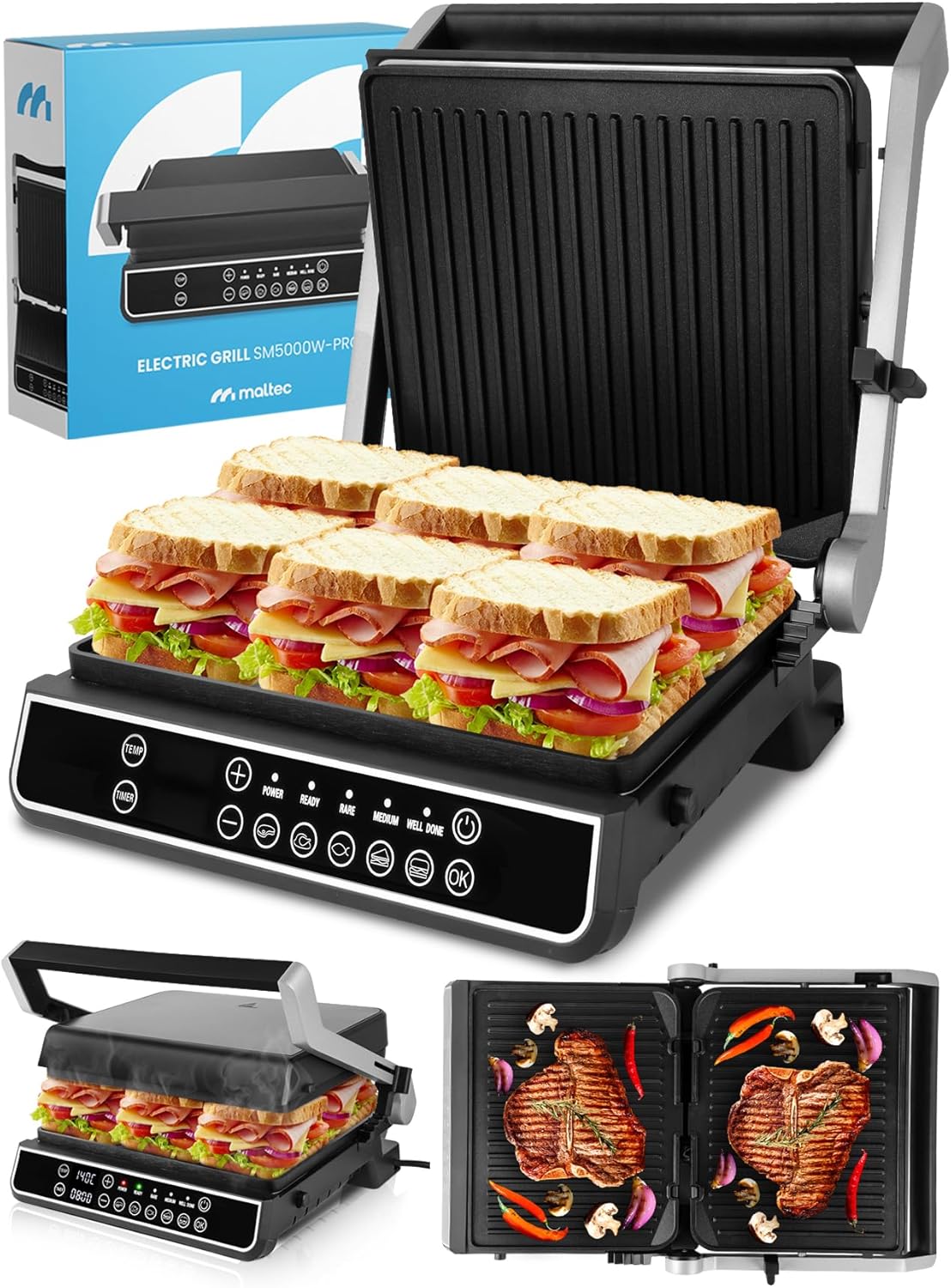 MalTec Contact Grill with Crumb Tray SM5000W-PRO Electric Grill 2500W Panini Sandwich Maker, 3 Frying Levels, 5 Programmes, Removable Plates