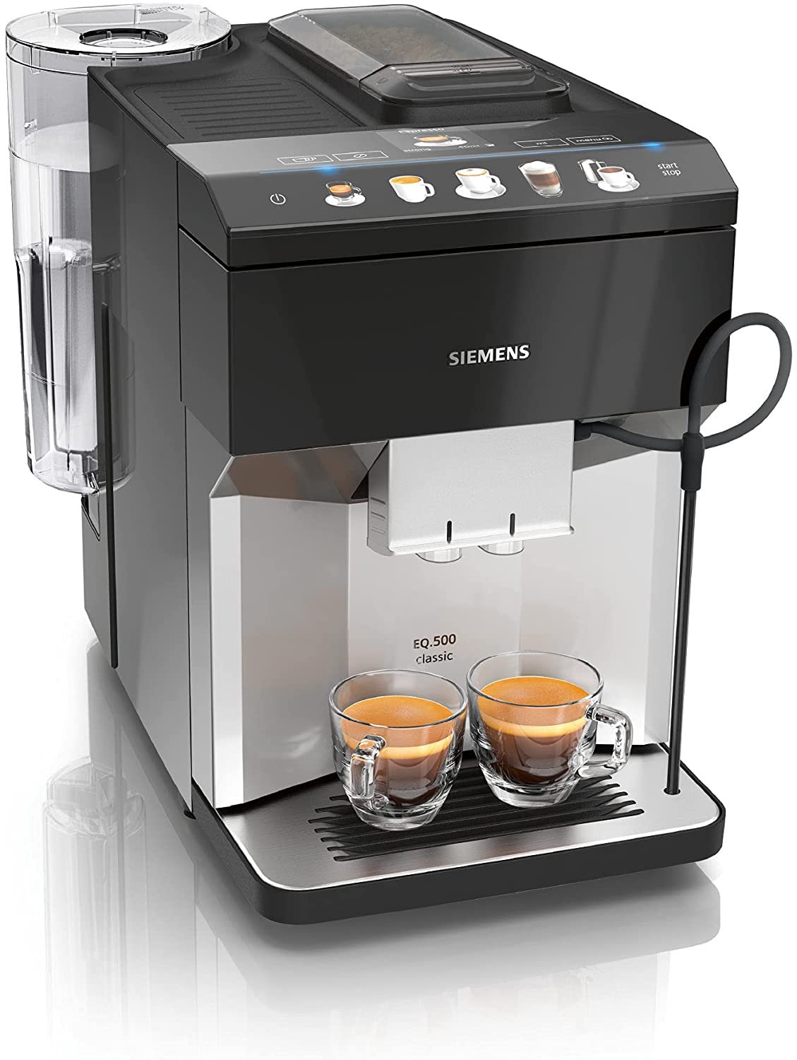 Siemens EQ.500 classic TP505D01 fully automatic coffee machine, for many coffee specialities, milk frother, ceramic grinder, hot water function, automatic steam cleaning, 1500 W, stainless steel metallic silver