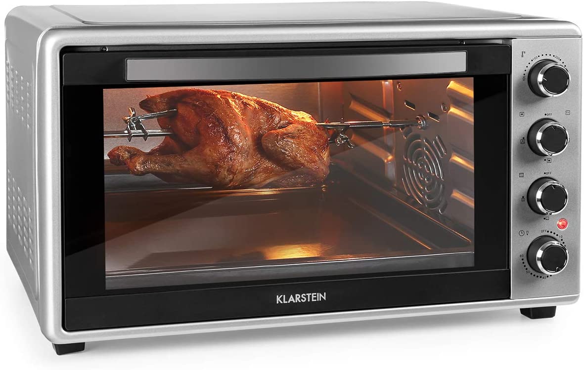 Klarstein Masterchef Mini Oven, Mini Oven Temperature 100-230 °C, Oven with Rotisserie Function, Timer, Double Glass Door, Top and Bottom Heat, Stainless Steel, 60 L, 2000 W, Silver