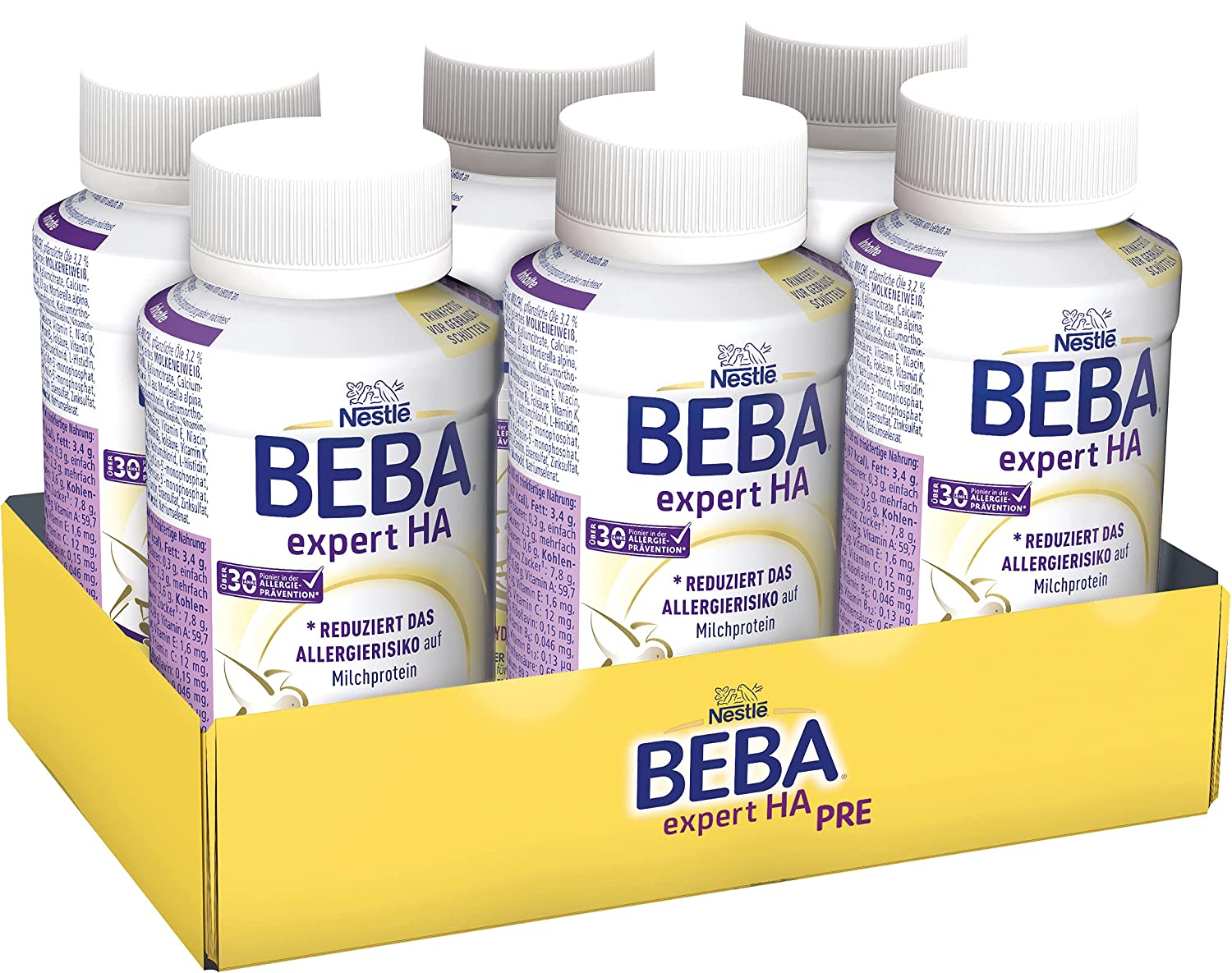 Nestlé BEBA EXPERT HA PRE Hydrolysierte Anfangsnahrung von Geburt an, Pre Milch trinkfertig für Babys mit erhöhtem Allergie-Risiko, 6er Pack (6 x 200ml)