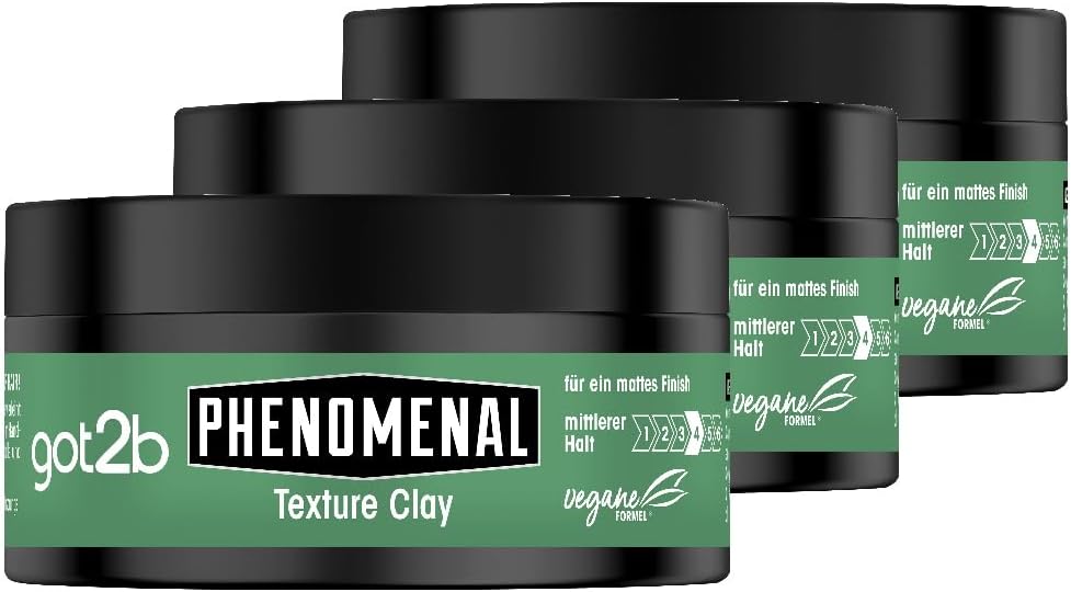 GOT2B Schwarzkopf Phenomenal Texture Clay Halt 5 (3 x 100 ml), Hair Wax for Men Gives A Phenomenal Matte Barbershop Style, Suitable for Shorter Hair, Vegan Formula