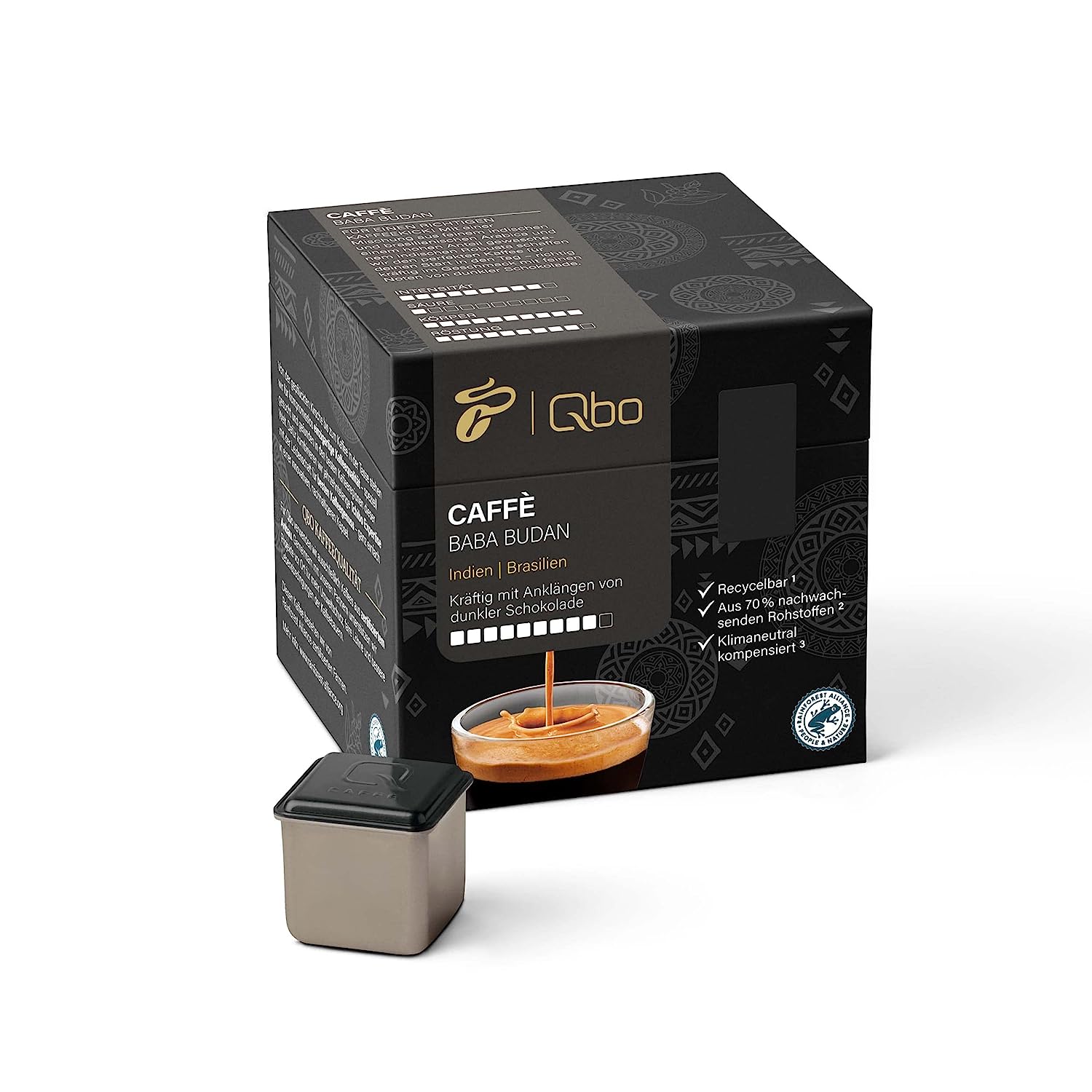 Tchibo Qbo Caffè Baba Budan Premium Kaffeekapseln, 216 Stück – 8x27 Kapseln (Caffè, Intensität 09/10, kräftig, Noten dunkler Schokolade), nachhaltig, aus 70% nachwachsenden Rohstoffen