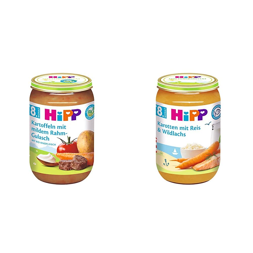 HiPP Kartoffeln mit mildem Rahm-Gulasch, 6er Pack (6 x 220 g) & Karotten mit Reis und Wildlachs, 6er Pack (6 x 220 g)