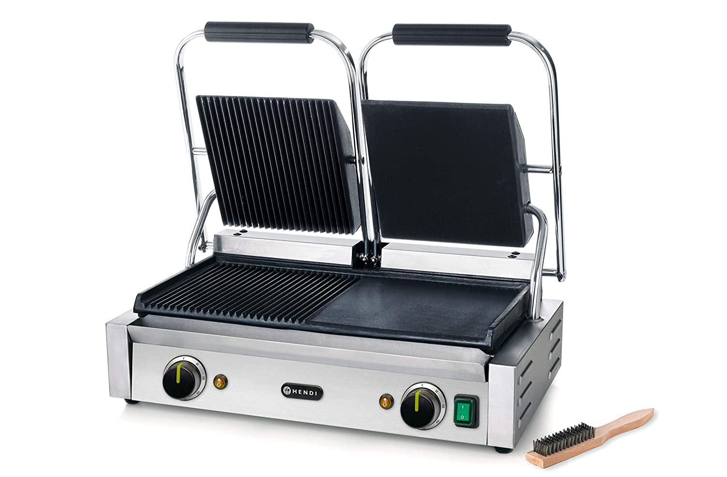 HENDI Contact grill, double version, electric grill, table grill, sandwich toaster, adjustable up to max. 300 °C, top height 530 mm, grill surface 475 x 230 mm, 230 V, 3600 W, 570 x 370 x (H) 210 mm, stainless steel