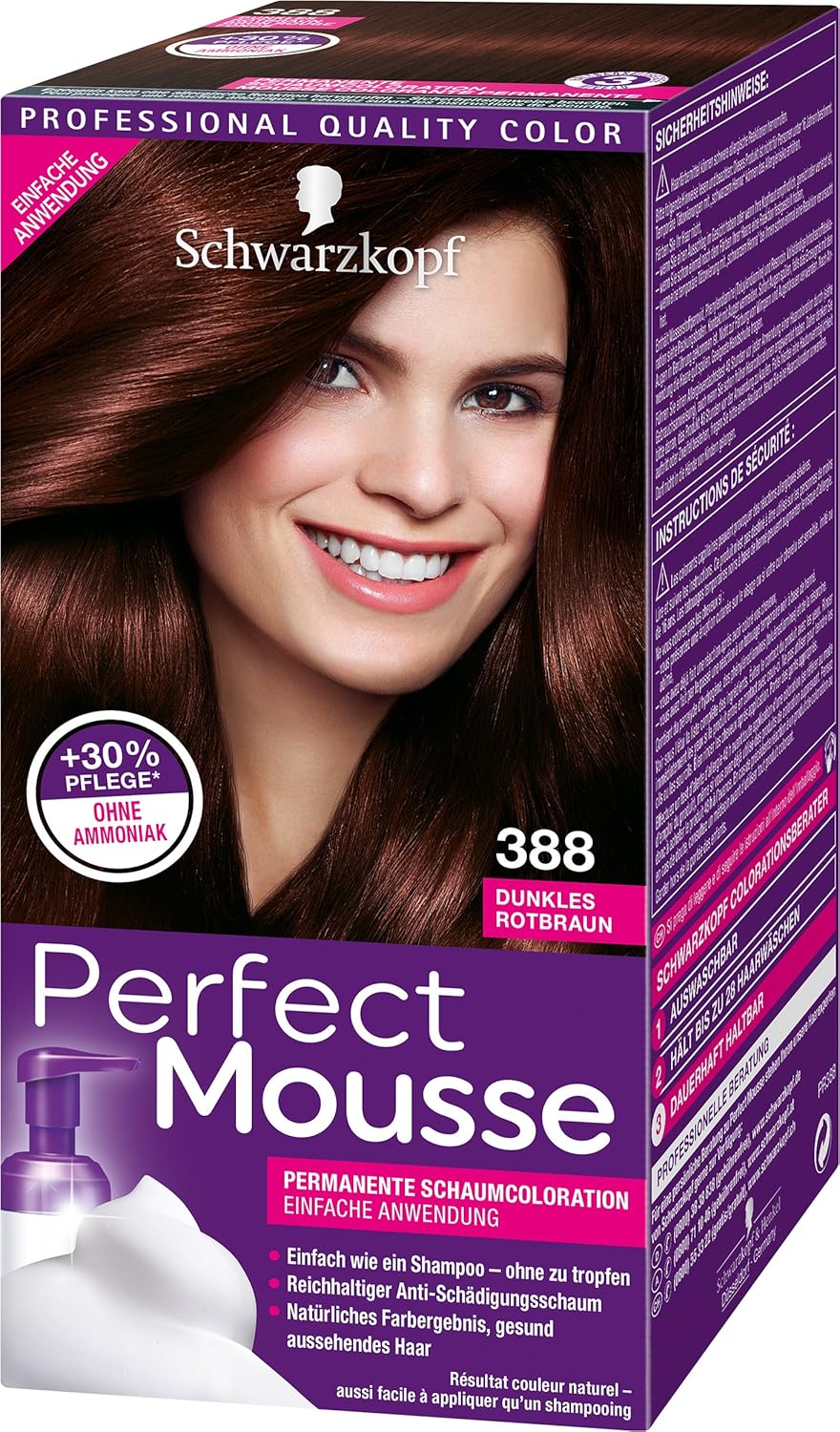 Schwarzkopf Perfect Mousse Permanent Foam Color, 388 Dark Reddish Brown Level 3, Pack of 3 (3 x 93 ml)