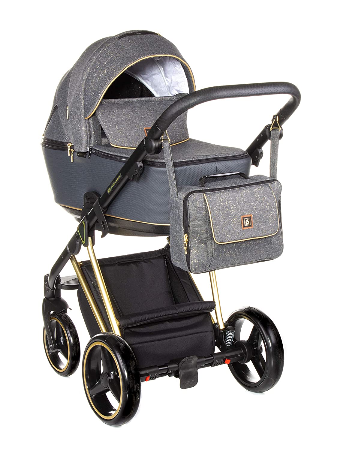 Adamex Cristiano Special Pushchair Complete Set + Neck Bag with Changing Mattress + Film + Mosquito Net + Cup Holder and Winter Muffs (CR-468 Graphite Gold, 3-in-1)