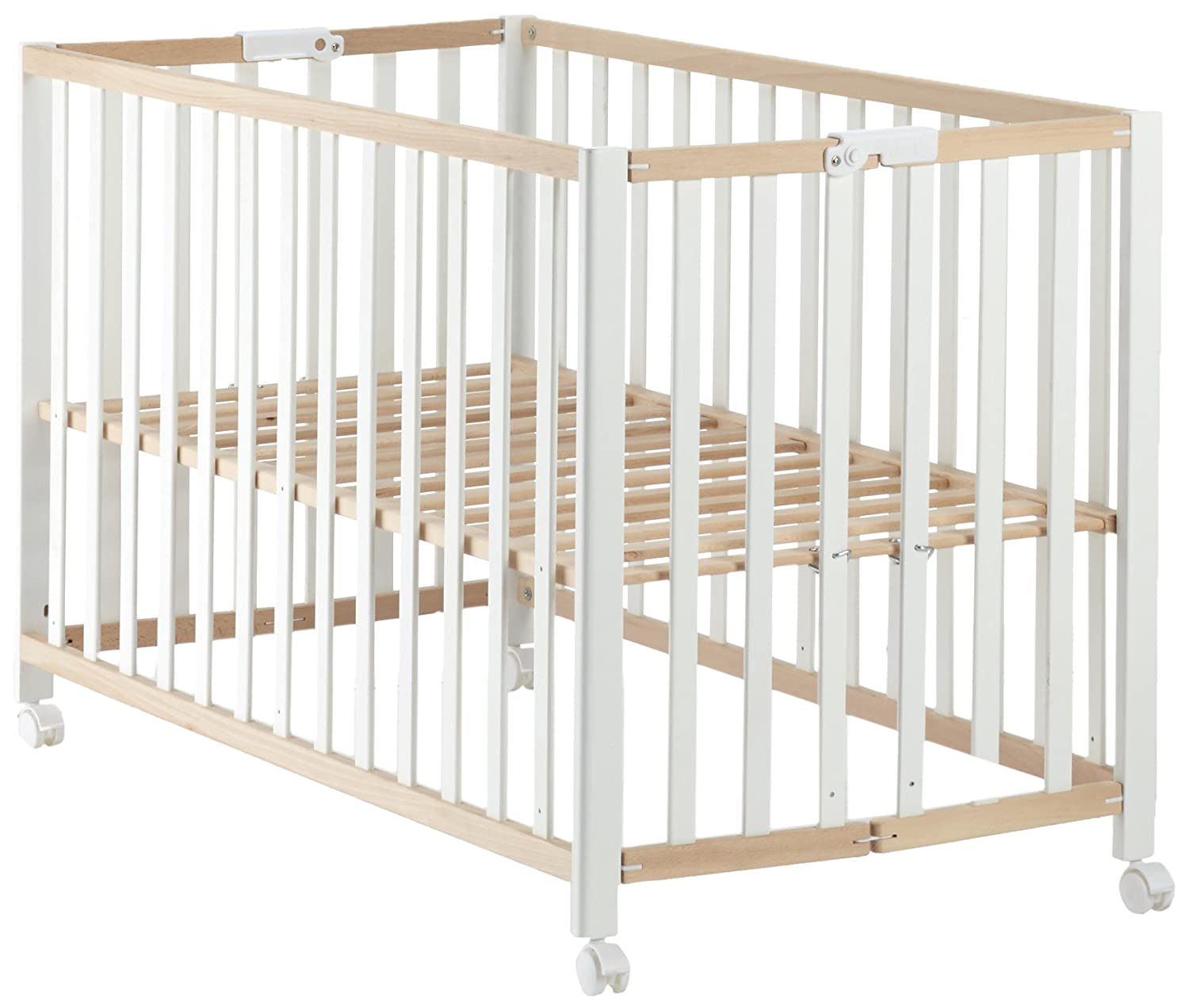roba Folding Bed \'Fold Up\' Baby Bed 60 x 120 cm Organic Beech Natural / White Cot 3-Position Height Adjustable Space-Saving Cot with Wheels for Folding