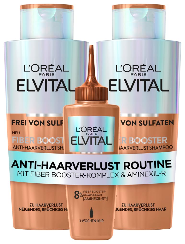 L\'Oréal Paris Fiber Booster Anti-Hair Loss Routine for Short Hair, 2 x Shampoo & Serum for Fuller Hair, Against Hair Loss, Less Hair Breakage, Against Hair Loss, Elvital, for Men and Women