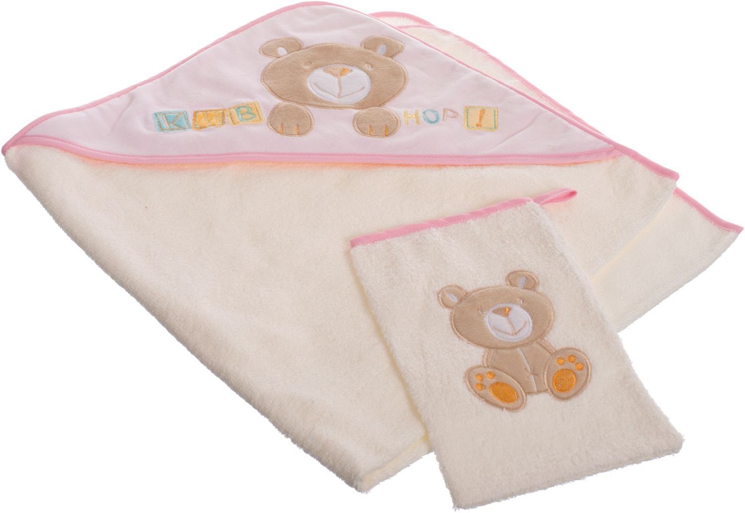 Bieco 38000120 Baby Hooded Bath Towel and Wash Mitt Set – Pink, Approx. 100 x 100 cm