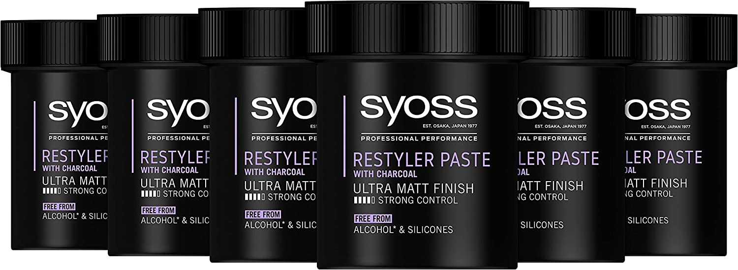 Syoss Restyler paste with activated carbon for malleable and flexible styles (6 x 130 ml), hair paste for extra strong hold, hair wax for an ultra matte finish