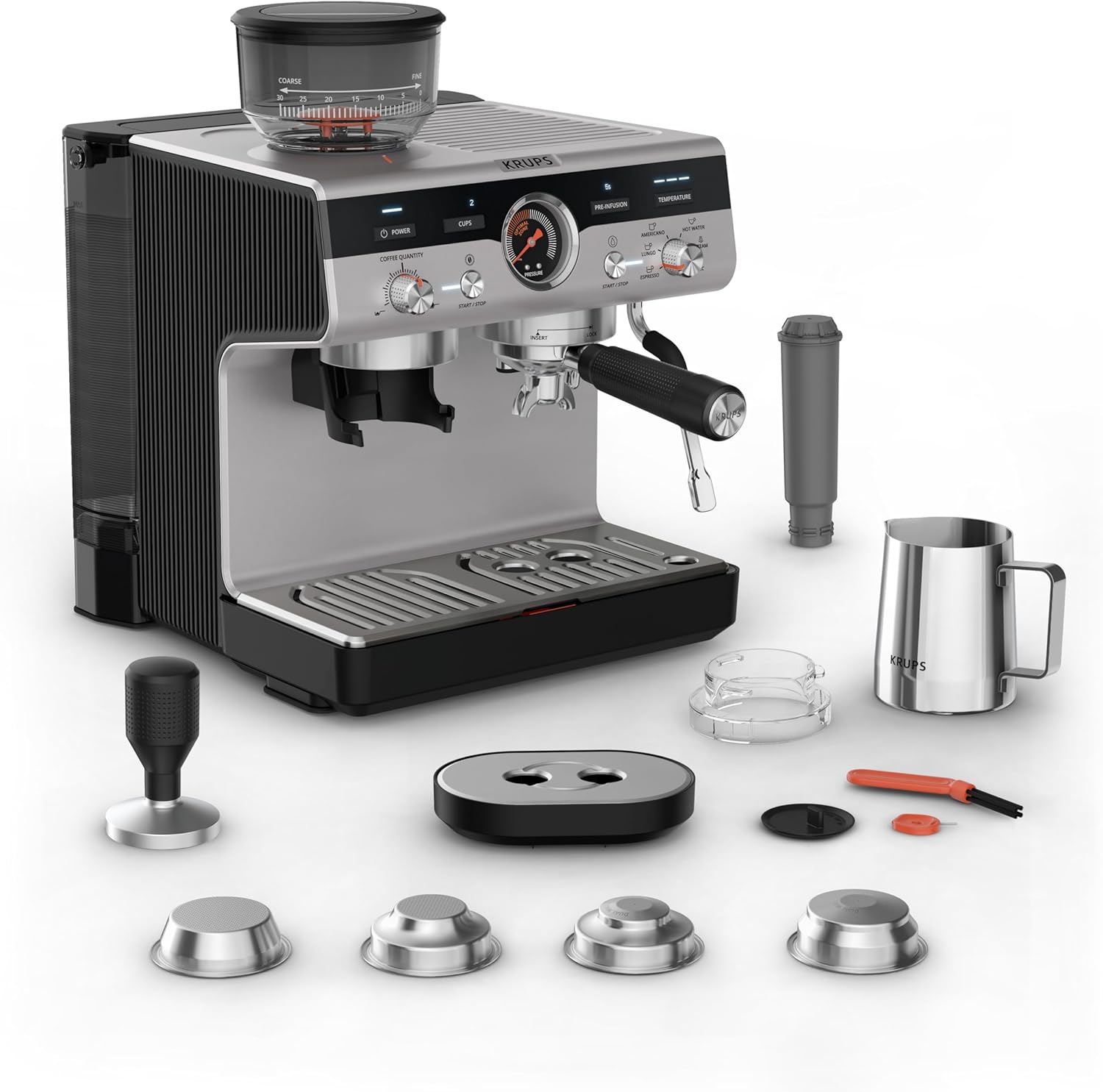 Krups Precision XP801T10 Manual Espresso Machine with Grinder, Intuitive Control, Pre-Infusion Settings, Steam Nozzle, Quick Heating, Black/Stainless Steel