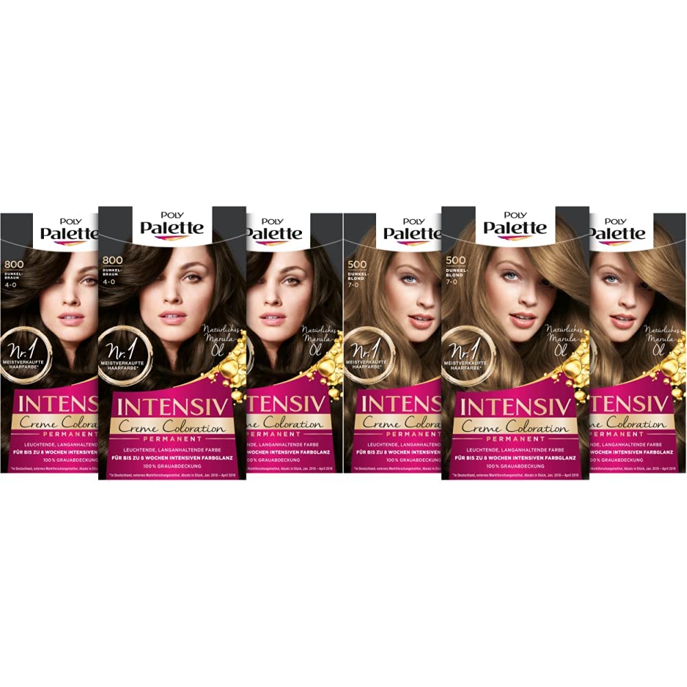 Poly Palette Schwarzkopf Intensive Cream Colouration High-Quality Hair Colour 800/4-0 Dark Brown, Pack of 3 (3 x 128 ml) and Intensive Cream Colouration 7-0/500 Dark Blonde Level 3 (3 x 1115 ml), ‎dark brown