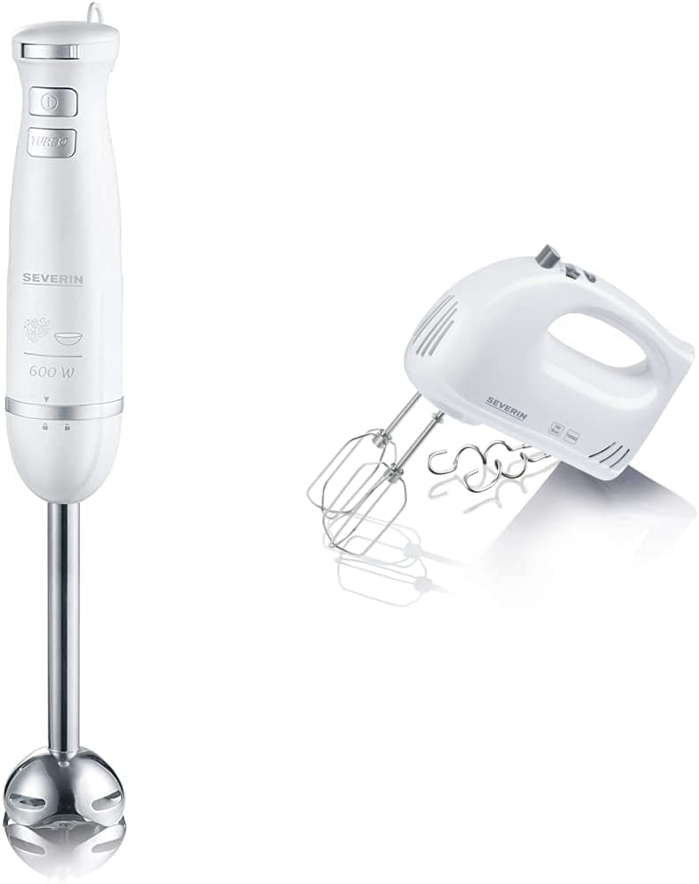 SEVERIN HM 3820 Hand Blender, Approx. 600 W, SM 3795, Stainless Steel/White & Hand Mixer, Hand Mixer with 5 Speed Levels, Practical Hand Stirrer with 2 Stainless Steel Whisk and Dough Hooks