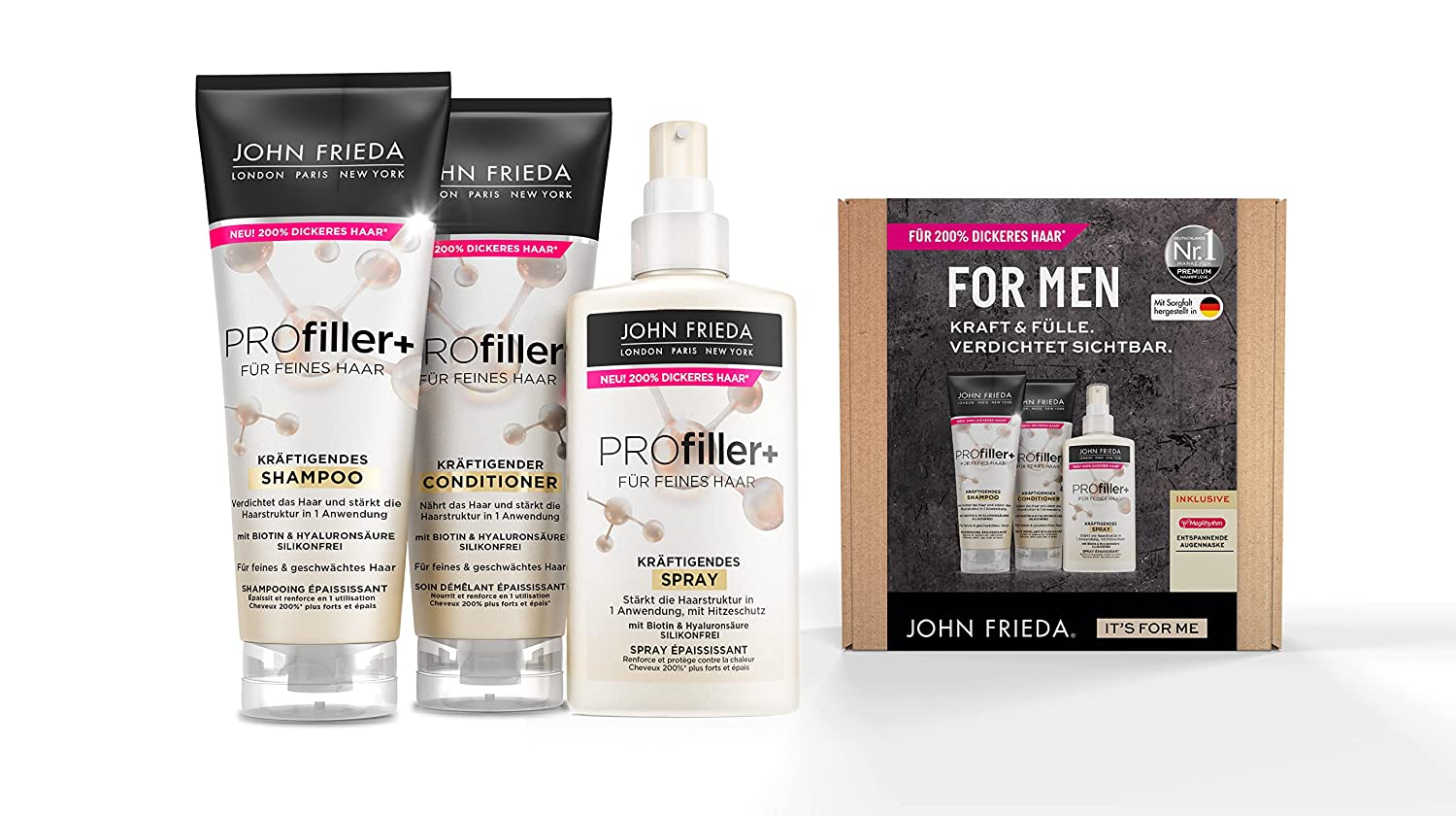 John Frieda Profiller + Value Set - Perfect for Fine Men \ 'S Hair - Contents: Shampoo 250 ML + Conditioner 250 ml + Strengensing Spray 150 ML - Provides Hair with Power Active Ingredients