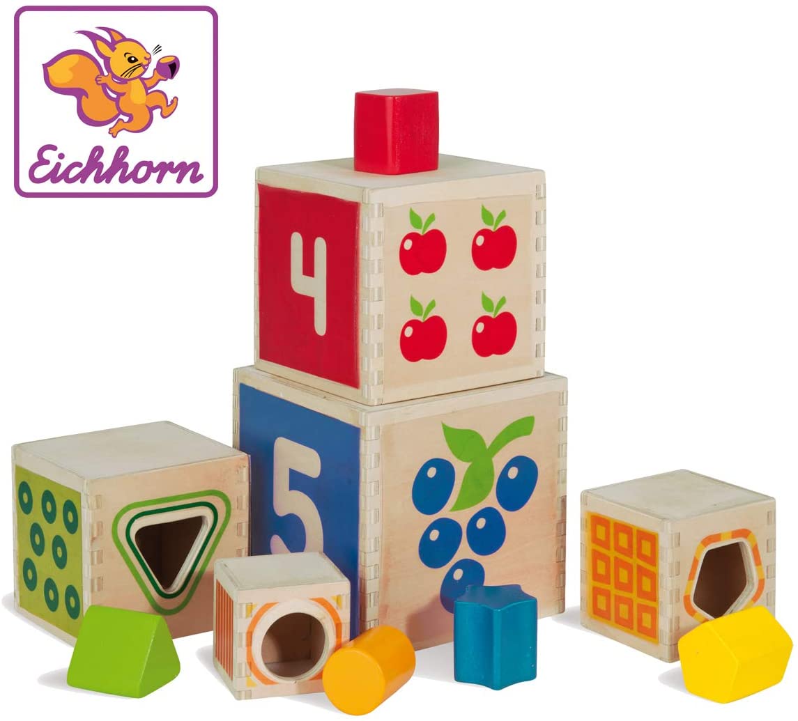 Eichhorn - Colour plug-in tower, consisting of 5 plug-in cubes and 5 blocks, 40 cm high, 10 pieces, made of birch wood, from 1 year