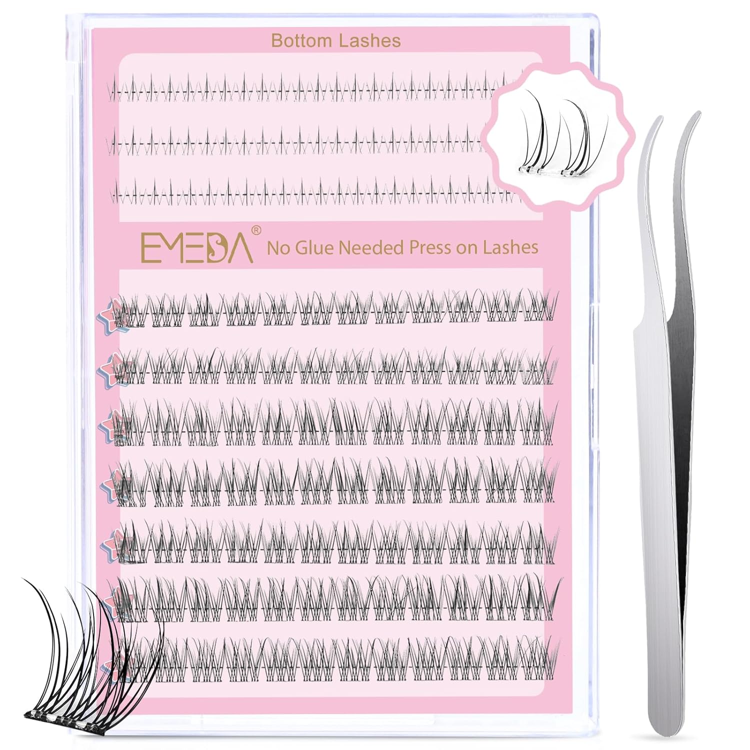 EMEDA Self-Adhesive Eyelashes, Glueless Eyelash Clusters Kit, 120 Pieces Press On Eyelashes, Pre-Luded Eyelashes with Tweezers Set, Self-Adhesive Manga Anime Eyelashes (K04)