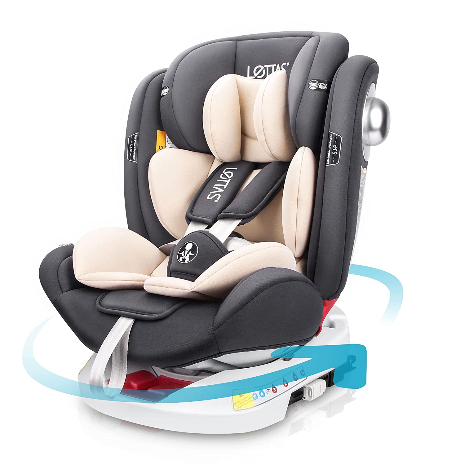 LETTAS Baby Car Seat 360° Rotatable Group 0+1/2/3 (0-36 kg/0-12 Years) with Protectors Side Isofix Top Tether ECE R44/04 (Grey)