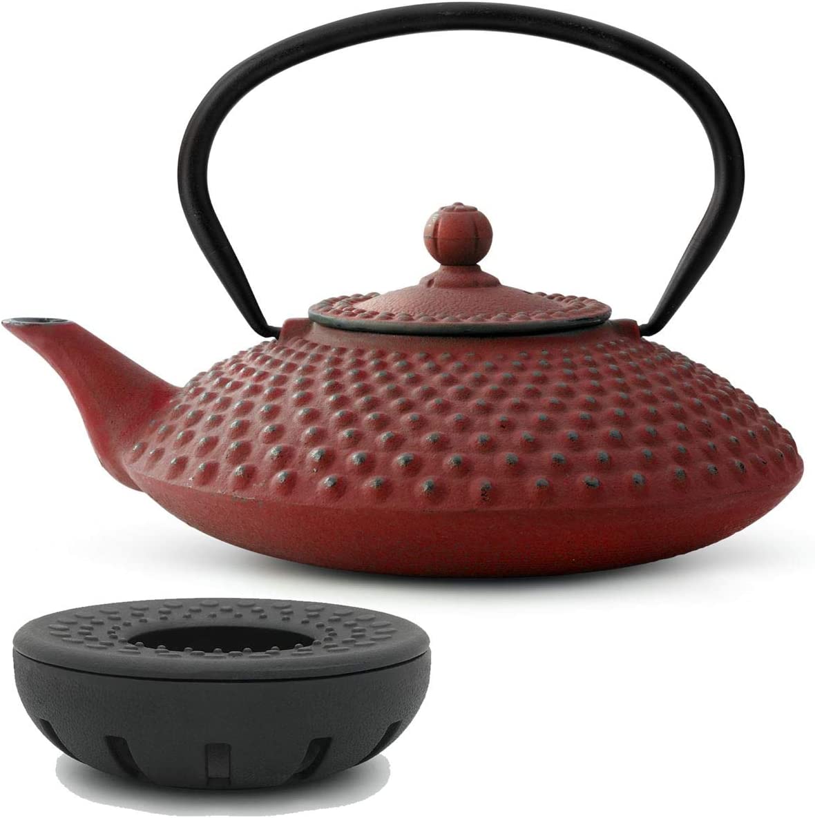 Bredemeijer Asian Cast Iron Teapot Set 1.25 Litres Red with Tea Filter Strainer and Cast Iron Teapot Warmer
