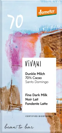 Vivani Chocolate, dark milk 70% cacao, 90 g