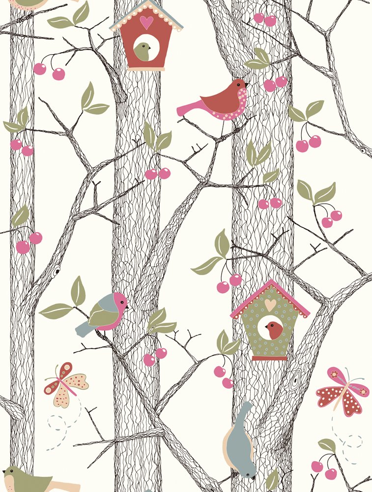 Lilleby 2652 Fleece Wallpaper Cherry Tree With Birds Red Blue Green