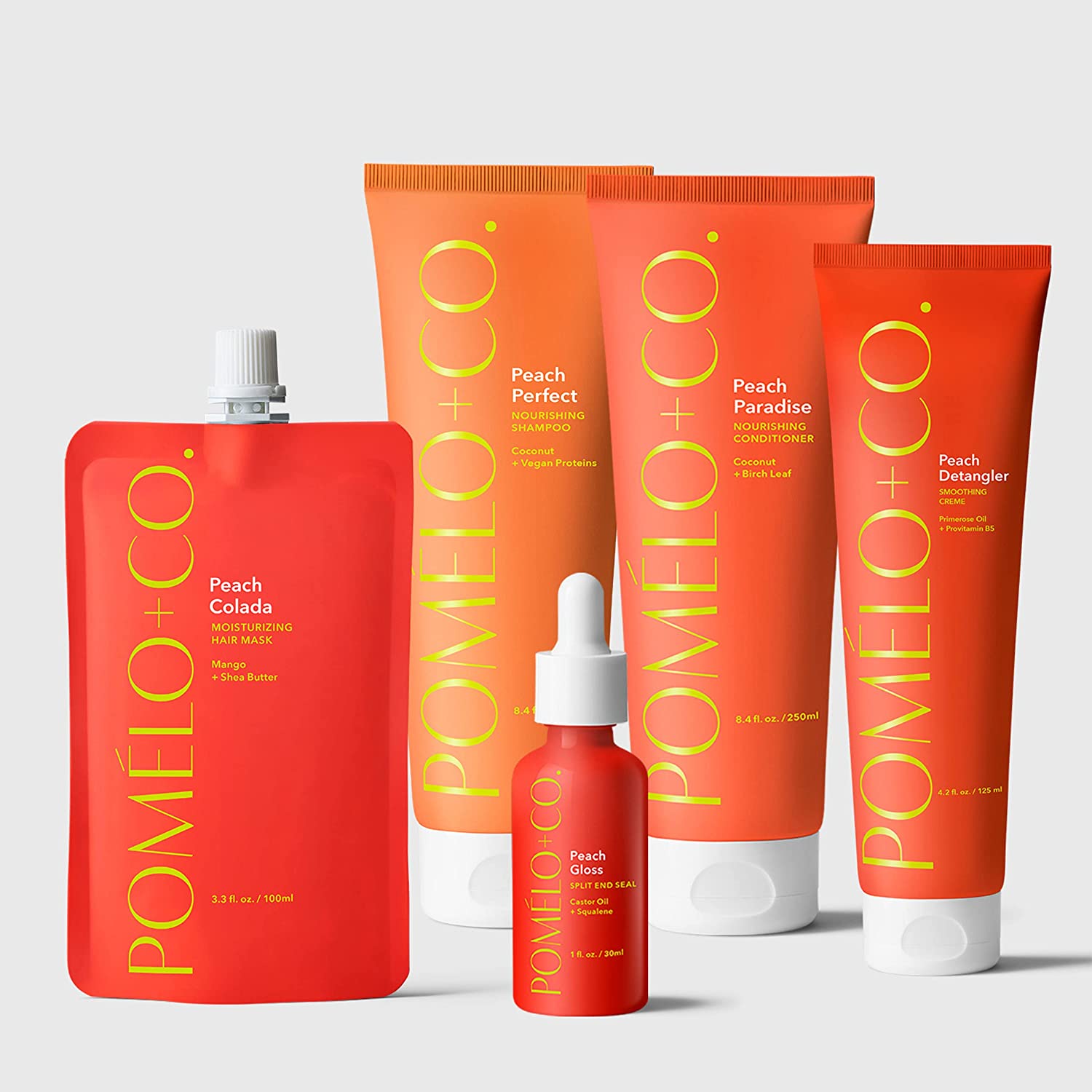 POMÉLO + CO. Pomélo+Co. Peach Everything Hair Mask, Shampoo, Conditioner, Gloss + Detangler - Moisturising Hair Care for Dry Hair - Vegan Kit for Damaged Hair