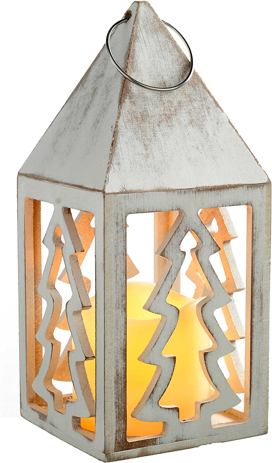 WeRChristmas Christmas Tree Lantern Decorated with Wood, 21 cm – Antique White