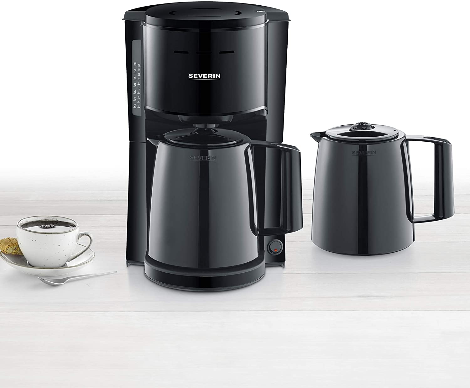 SEVERIN KA 9252 Filter Coffee Maker with 2 Thermal Jugs, Approx. 1000 W, up to 8 Cups, Swivel Filter 1 x 4 with Drip Lock, Automatic Shut-Off, Brew Lid, Black
