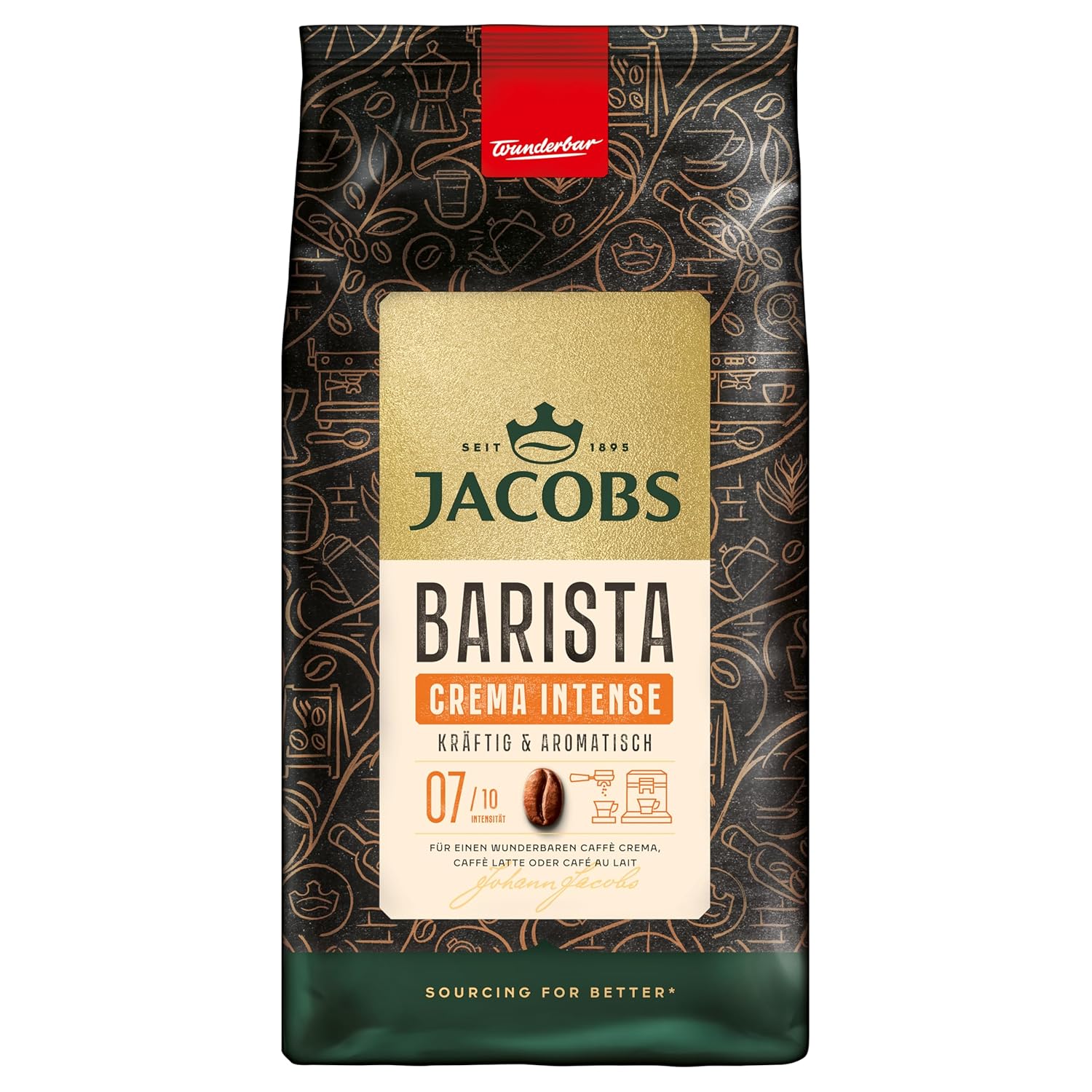 Jacobs Barista Crema Intense Coffee Beans 1 kg - Intense, Dark Chocolate & Pecans, Arabica & Robusta Beans, Intensity 7/10, Ideal for Café Crema