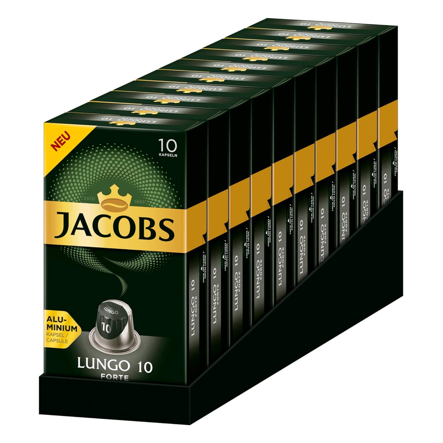 Jacobs Coffee Capsules Lungo Forte, Intensity 10 of 12, 100 Nespresso®* Compatible Capsules, Pack of 10, 10 x 10 Drinks