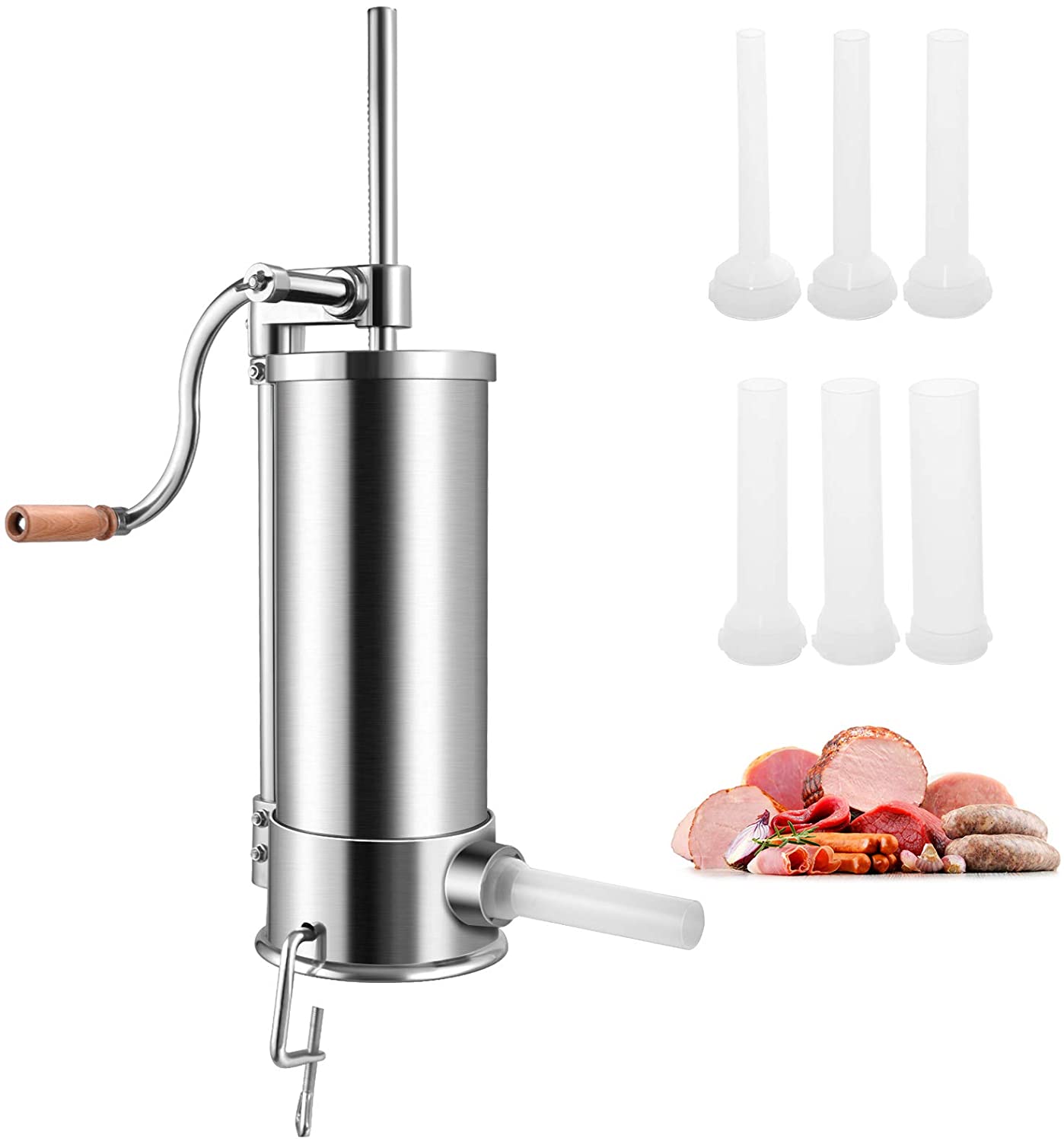 GOPLUS Sausage Filler Made of Stainless Steel, Sausage Filling Machine, Manual, Sausage Press with 4 Different Filling Tubes, Sausage Syringe with Attachment Clip, Easy to Use and Easy to Clean (6L)