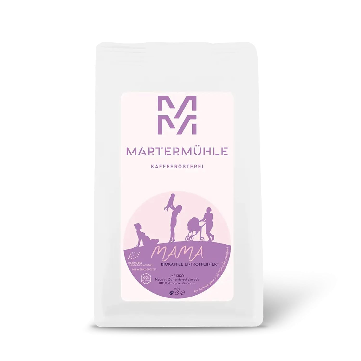 Martermühle Mama Coffee | Coffee Beans Decaffeinated 500 g Mild Arabica | Flavors: Nougat, Dark Chocolate | Whole Organic Coffee Beans Gently Roasted, Low Acid | DECAF