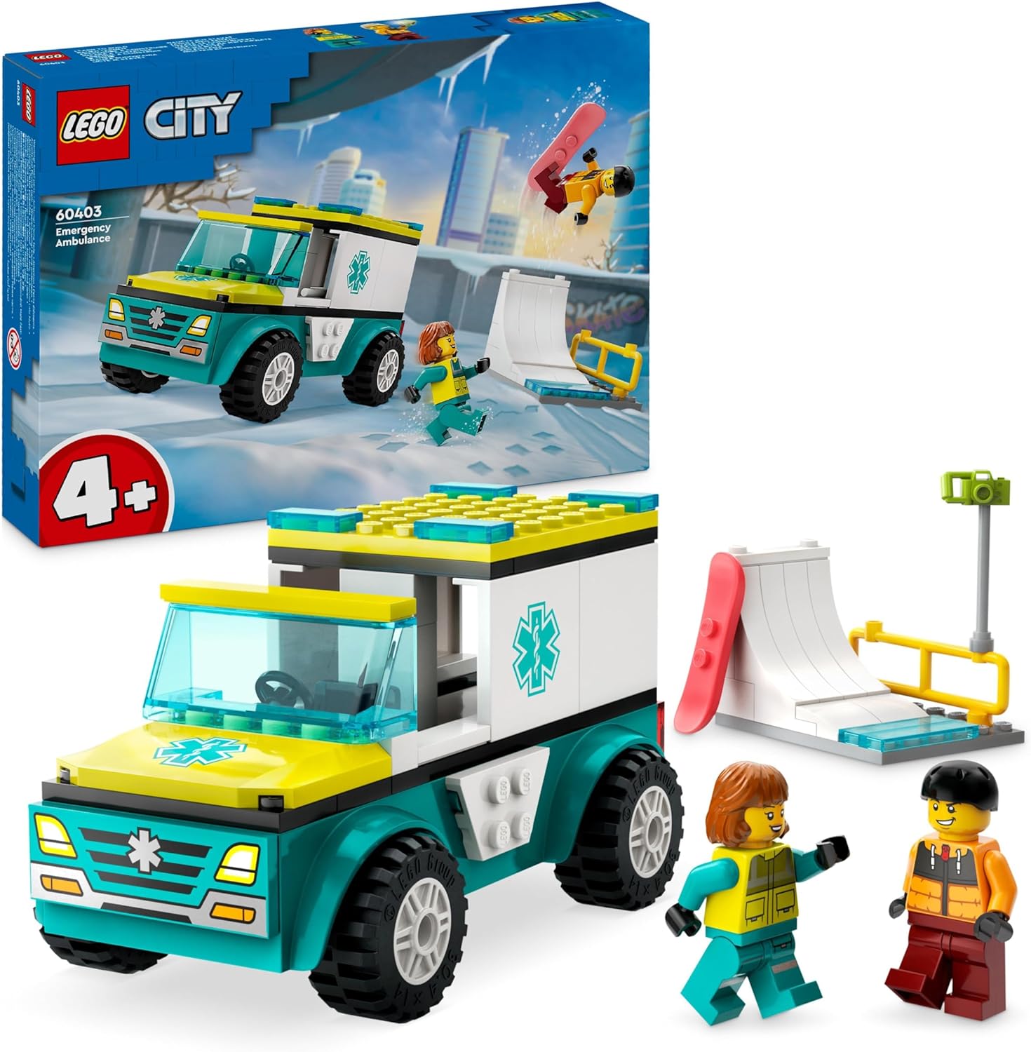 LEGO City ambulance and snowboarder, ambulance playset with toy car and 2 mini figures, snowboarder and paramedic figure, imaginative gift for boys and girls from 4 years, 60403