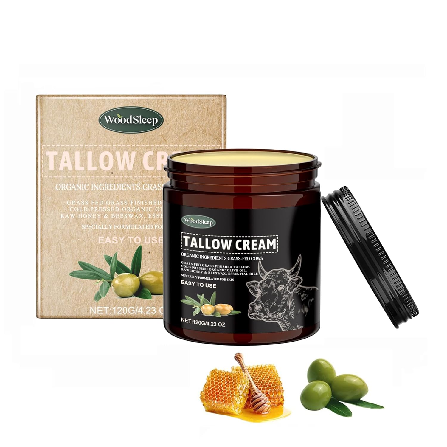 Beef Tallow Cream Organic, 120 g Beef Tallow Cream for Skincare, Tallow Cream Organic from Grass Fed Tallow Raw Wild Honey for Face, Beef Tallow Balm, Body Moisture (1 Piece)