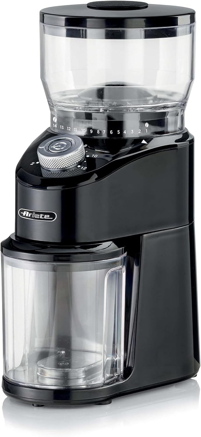 Ariete 3023 Coffee Grinder 3023 Coffee Grinder with Conical Mills Made of Stainless Steel, 200 W, 14 Grinding Levels, 200 g Tank Capacity, Removable Mills, 2 To 12 Cups, Black