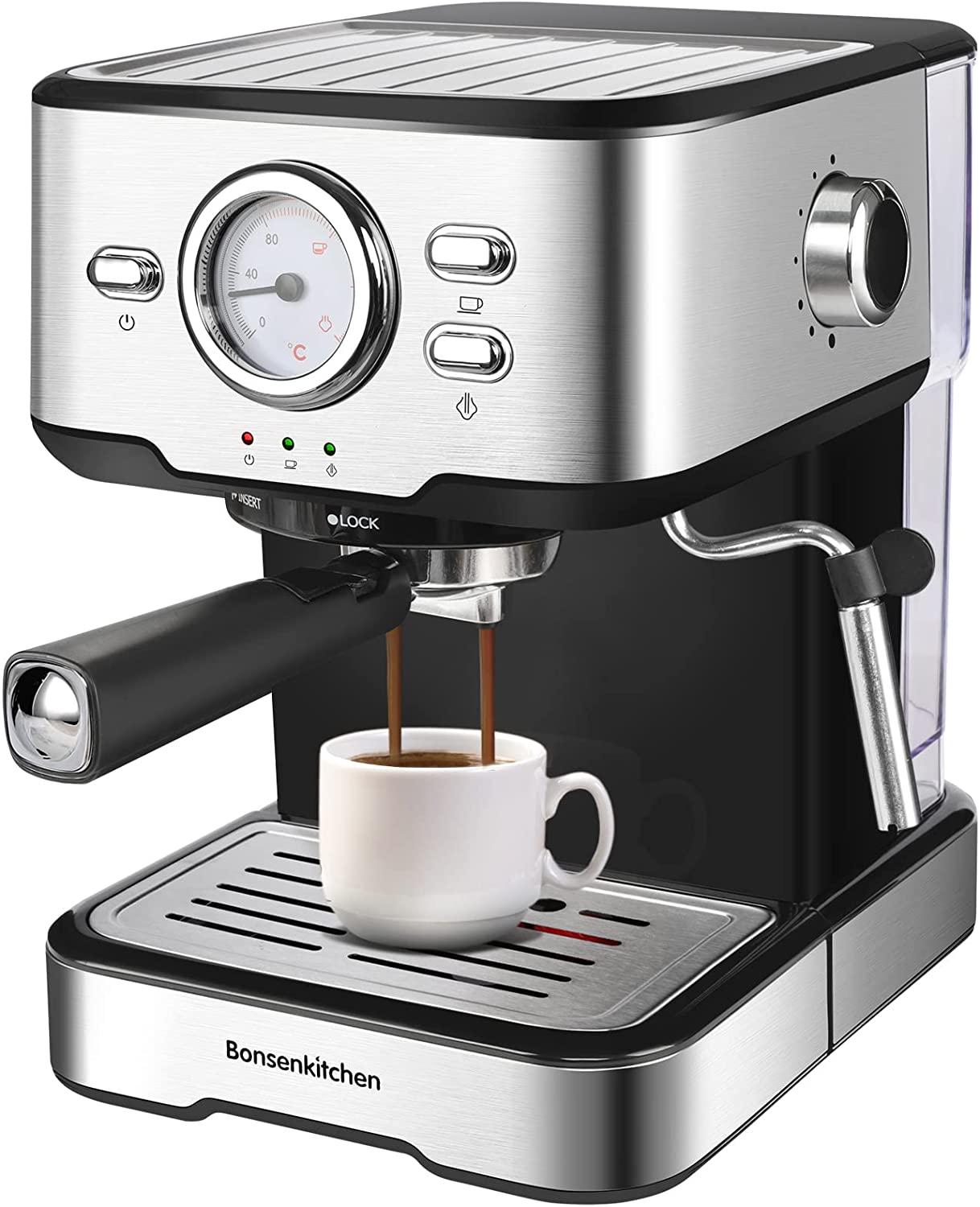 Bonsenkitchen 15 Bar Espresso Machine for 1-2 Cups, Filter Holder with Double Spout, Milk Frothing Nozzle, Removable Water Tank, for Espresso, Cappuccino and Latte Machiato, 1100 W