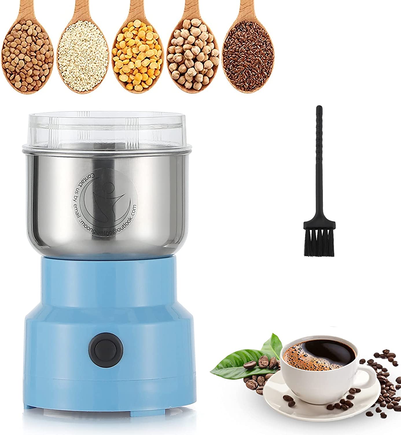 Moongiantgo Grain Mill Multifunctional 400 W 35000 rpm Spice Mill Ultra Fine Coffee Grinder, 300 ml Capacity, Stainless Steel, Transparent Lid, for Dry Materials, Spices, Herbs, Coffee (Blue)