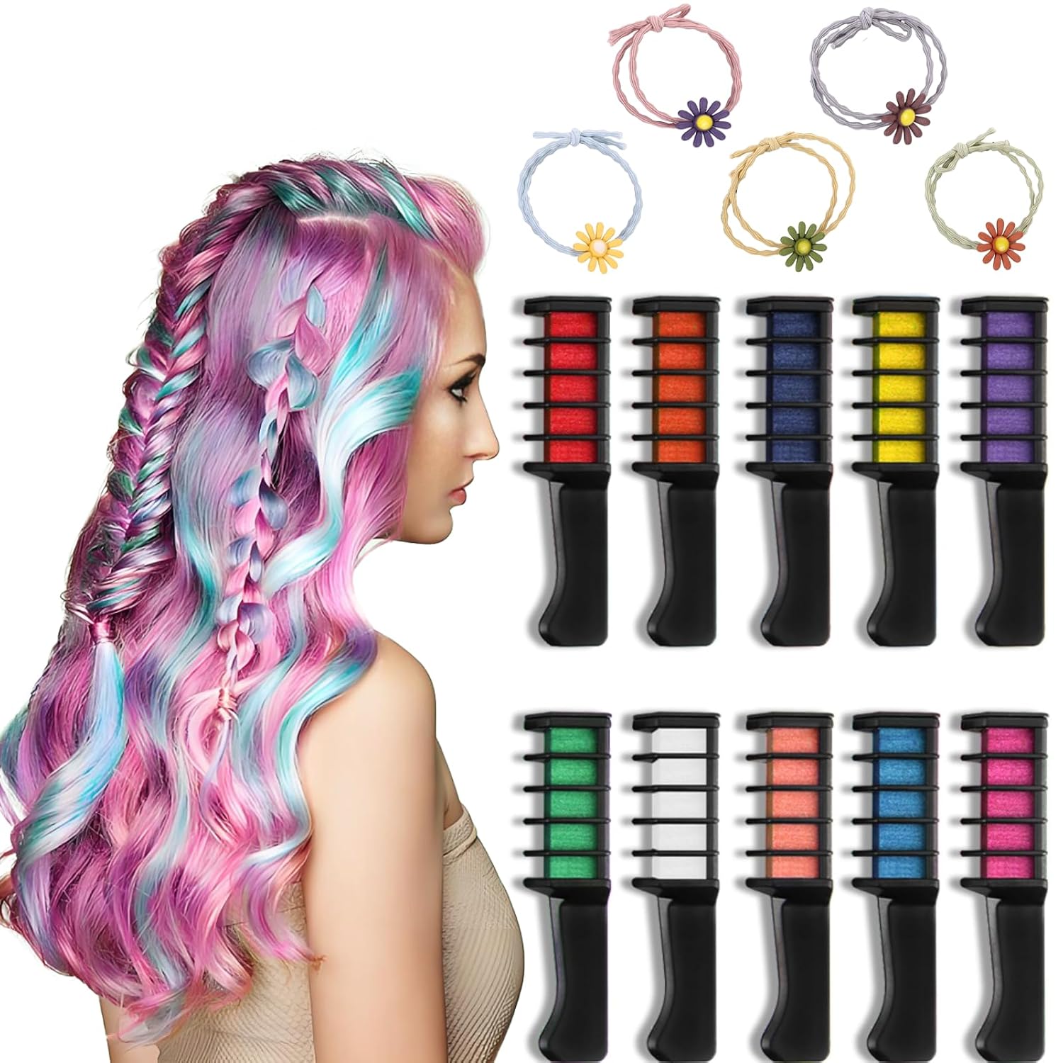 Landrain Set of 10 Hair Chalks for Dark Hair with 5 Hair Ropes, Hair Chalk Comb for Girls Set, Temporary Washable