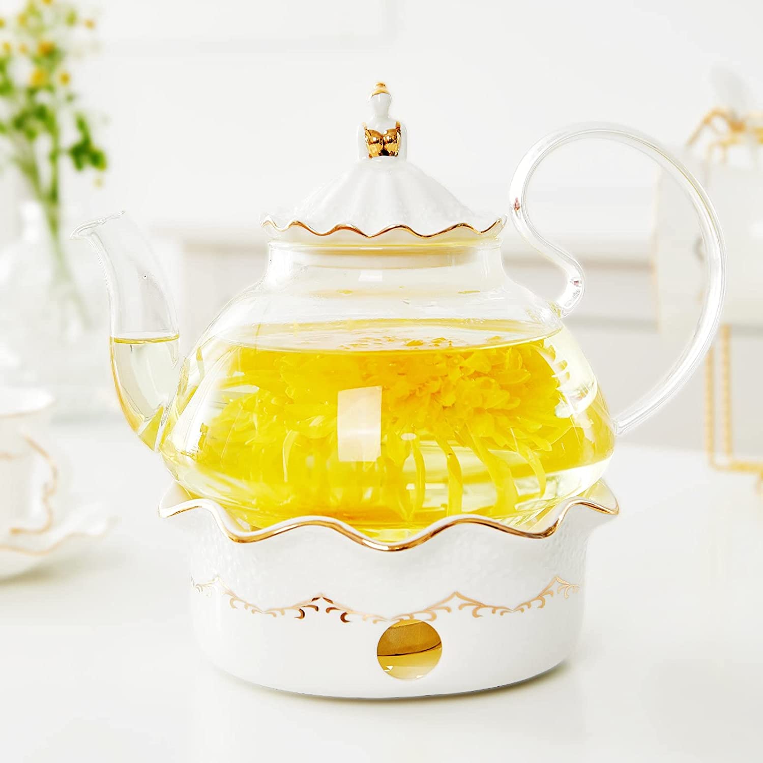 DUJUST Teapots with Teapot Warmer Set, Luxurious British Design with Relief Decor and Gold Decorations, Handmade Clear Glass Teapot with Strainer Insert, Stove-Proof Tea Party Gift (1.2 L)